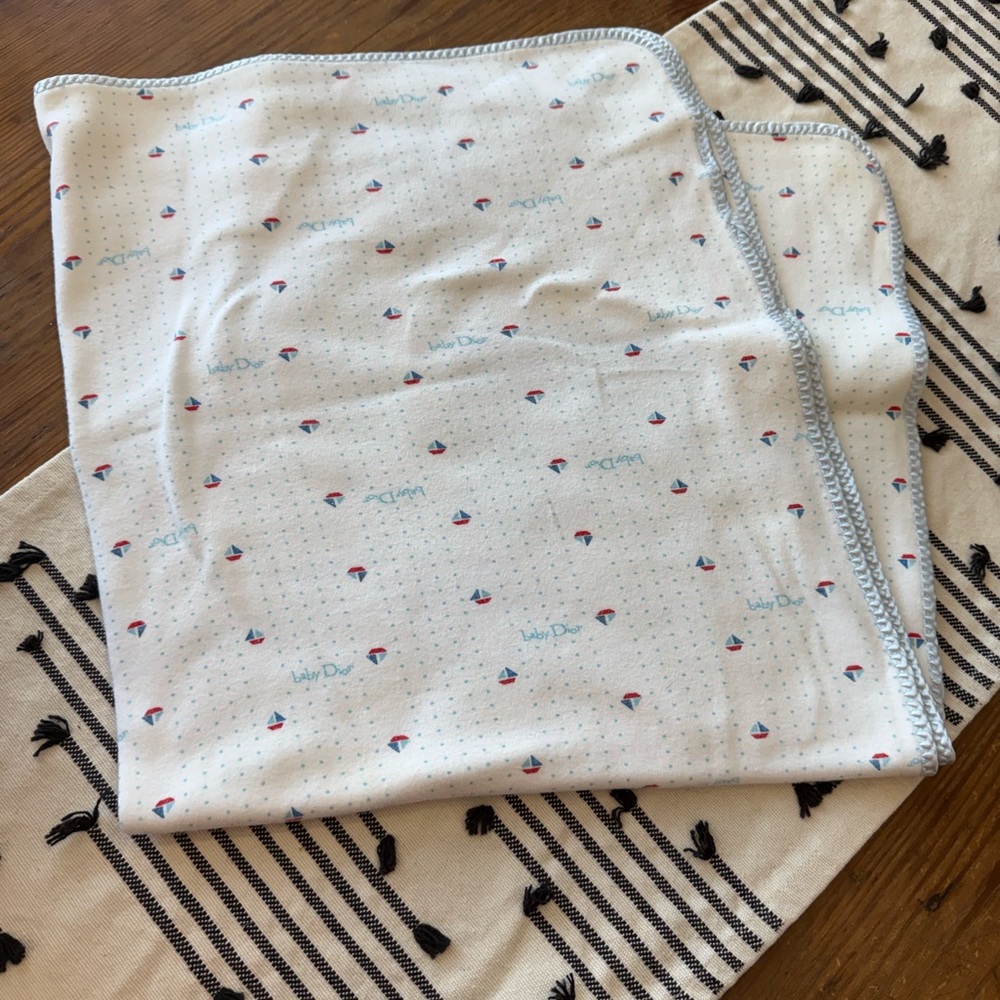 1990s Vintage Baby Dior White and Blue Baby Blanket with Sail Boat Design
